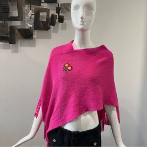 Womens V Neck Slub Knitted Poncho Shrug One Size Embroidered & Fringed